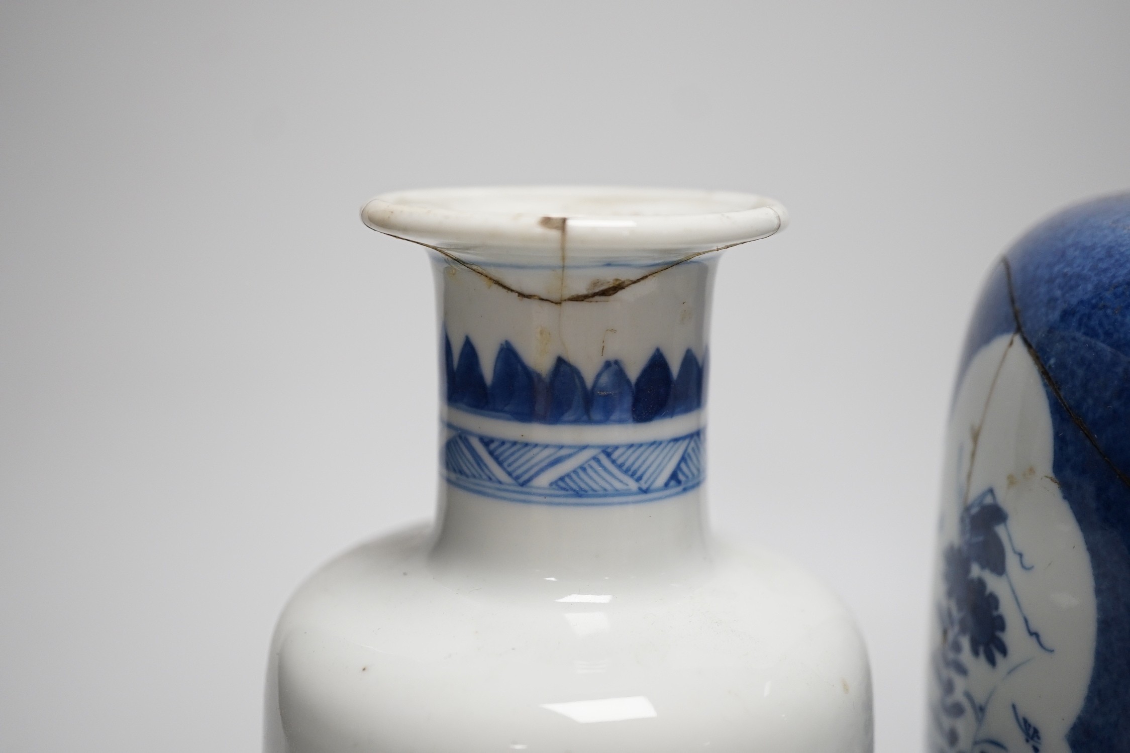 A Chinese blue and white ‘precious objects’ export vase, together with a Chinese powder blue export vase, open vignettes (a.f.) tallest 24.5cms
